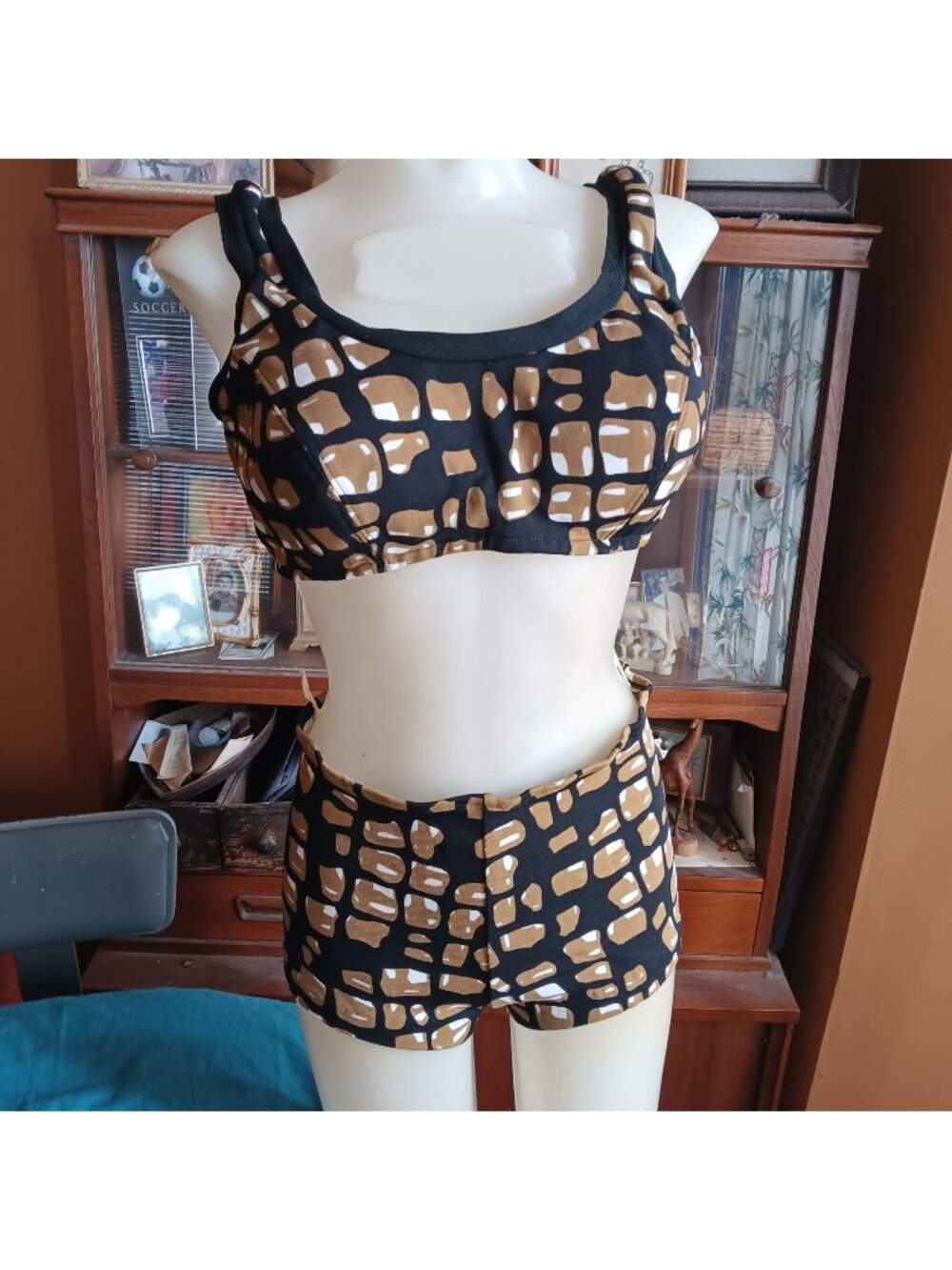 Vintage 1960's Bikini sz 13 Sears Geometric Crocodile Print HighSet Padded Bra